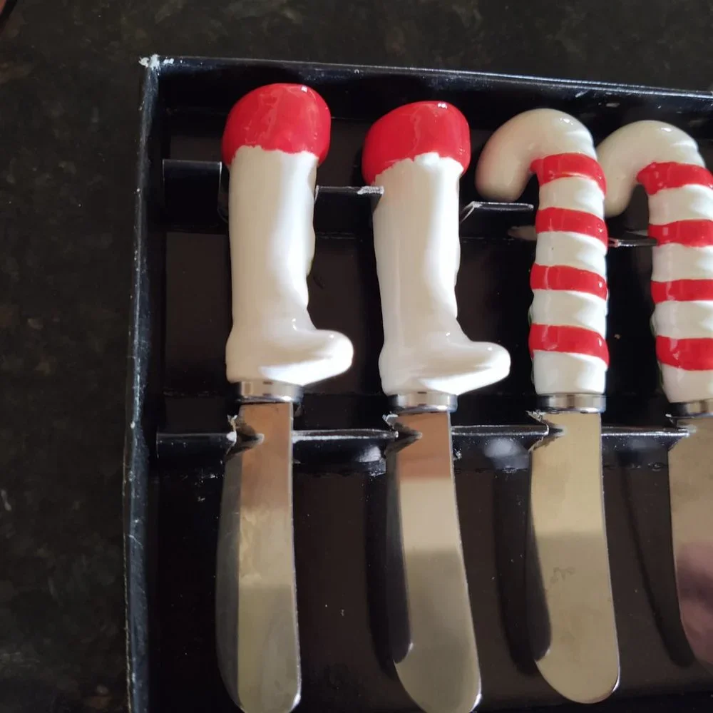 Vintage 1950s 60s Set of Novelty Christmas Theme Butter Spread Knives - Made in